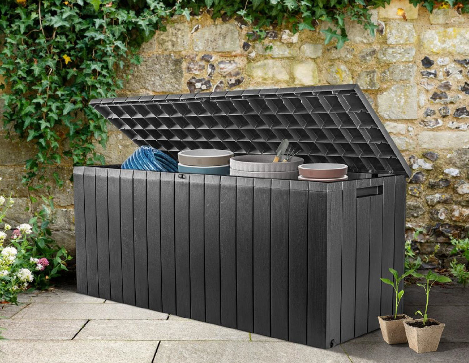 Rollen Auflagenbox 268L Holz Optik Gartenbox Auflagen Kissen Garten Box Truhe