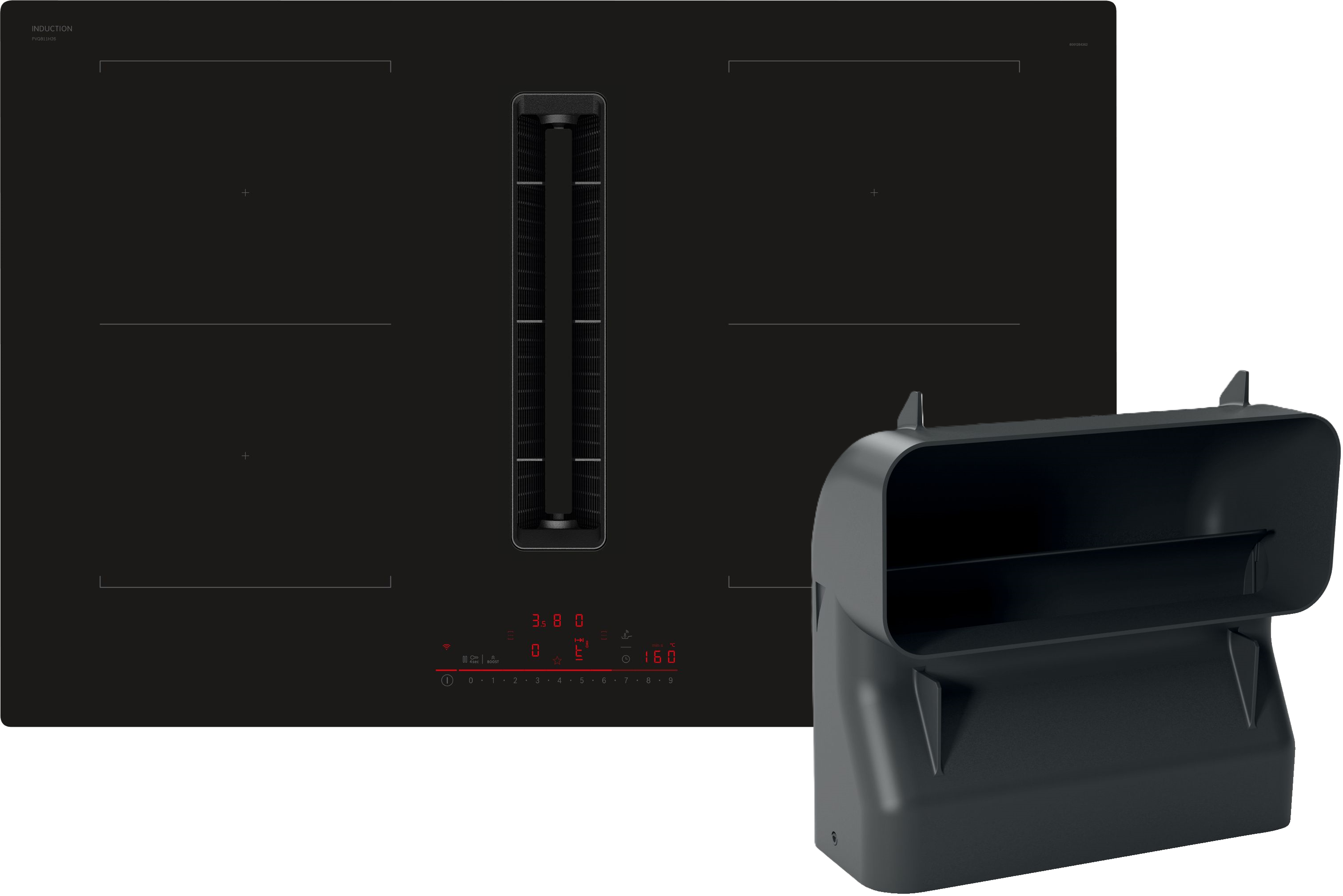 Bosch Set PVQ811HGA6: Serie 6 Induktionskochfeld mit Dunstabzug 80 cm PVQ811H26E + Flachkanal HEZ9VDSB4