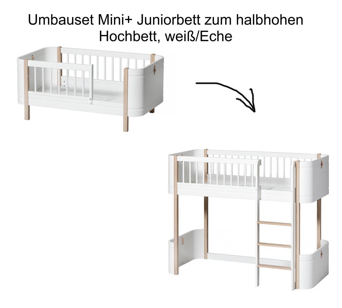 Wood Umbauset Mini+ Juniorbett zum halbhohen Hochbett – weiß/Eiche